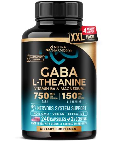 GABA L-Theanine 900 mg - Made in USA - Magnesium | Vitamin B6 - Calm, Sleep, Relaxation & Mood Support - 750 mg Gamma AminoButyric Acid, 150 mg L-Theanine - Non-Habit Forming, Vegan - 240 Capsules 240 Count (Pack of 1)