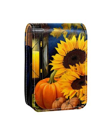 Lipstick Case Leather Lip Gloss Lipstick Organizer with Mirror Mini Lipstick Holder Bag Fall Sunflower Pumpkinc Thanksgiving Q985z8bvkj