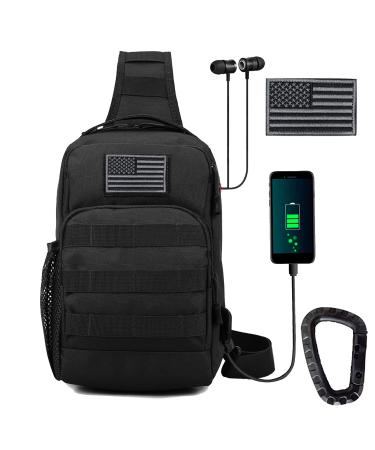 Valinov Tactical Shoulder Bag Molle Shoulder Backpacks Military Sling Daypack Backpack with USB Charging port Black