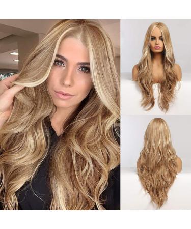 XCZEMU Long Wavy Blonde Wig Synthetic Wigs for Women Middle Part Natural Looking Silk Fully Heat Resistant Synthetic Wig for Daily Party Use Cosplay 26 Inch