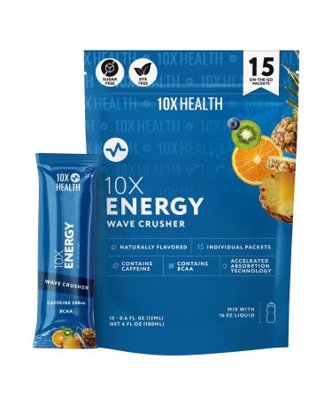 10X Health - Energy Wave Crusher - Energy Drink with 200mg Caffeine BCAAs B Vitamins Accelerated Absorption - Tropical Punch Pre-Workout Drink - 15 Drink Mix Packets (Wave Crusher - Energy) Liquid - Energy Wave Crusher