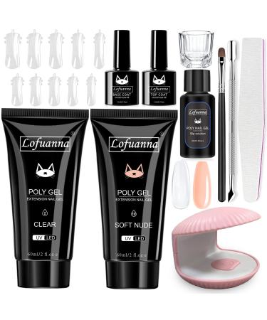Lofuanna Poly Gel Kit  2oz Clear and Nude Poly Extension Gel with UV Nail Lamp and Basic Nail Art Tools Manicure Kit  Beginner Starter Builder Glue Gel Kit DIY at Home Salon
