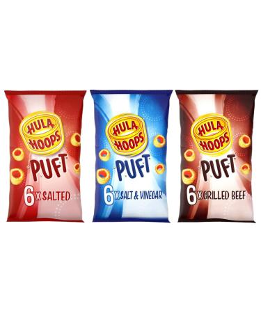 Hula Hoops Crisps Bundle Containing Hula Hoops Puft Salted x6 Hula Hoops Puft Salt & Vinegar x 6 Hula Hoops Puft Beef x 6