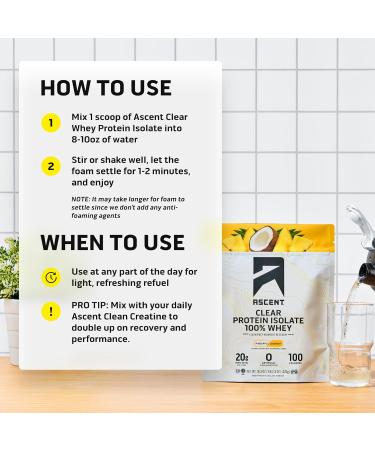 Ascent 100% Clear Whey Protein Powder - Post Workout Whey Protein Isolate Zero Artificial Flavors & Sweeteners Gluten Free 5.5g BCAA 2.1g Leucine Essential Amino Acids Pineapple Coconut 20 Serv Pinapple Coconut 18.3  - Buy Online on GoSupps.com