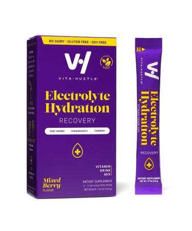 VitaHustle Electrolyte Hydration Muscle Recovery Drink Mix Caffeine Free Stick Packs Tart Cherry Turmeric Pomegranate (6 Count Mixed Berry)