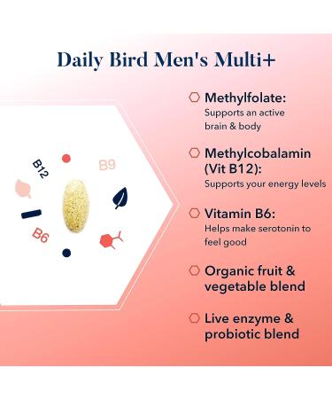 Daily Bird Men's Multivitamin with Probiotics & Methylfolate B12 Organic Blend | 30 Ct | Includes Smart Brain Guide - Buy Online on GoSupps.com