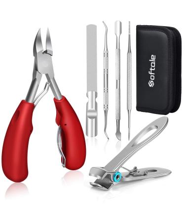 Podiatrist Super Sharp Nail Clippers for Thick & Ingrown Hard Toenail Fingernail. Stainless Steel Clippers Toenail Cutters. Professional Pedicure Tool for Men Women Senior 6 Piece Set Red+silver