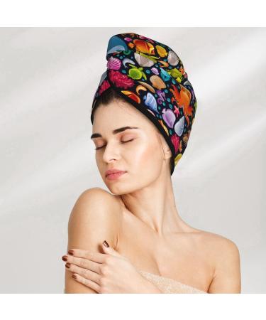 Quick-Dry Hair Towel Wrap for Fast Drying - Button Closure Towel Turban with Underwater Diving Animals Design - Buy Online on GoSupps.com