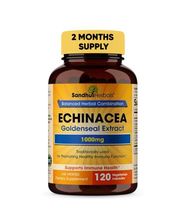 SANDHUHERBALS Echinacea Goldenseal 1000 Mg 120 Capsules | Immune System Support Respiratory Response Inflammatory Response Supplement