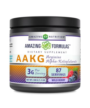 Amazing Formulas AAKG 500 Grams (1.1 Lb) Powder Supplement | Arginine Alpha-Ketoglutarate | Wild Berry Flavor | 87 Servings | Non-GMO | Gluten Free