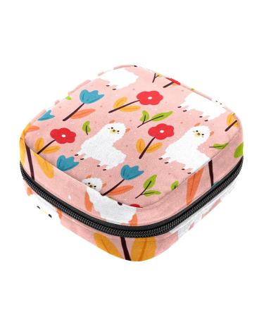 Guantierendiy Alpaca Flower Pattern Sanitary Napkin Storage Bag Large Capacity Menstrual Cup Pouch Girls Travel Portable Small Makeup Sanitary Pads Organizer Color 1