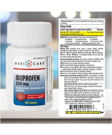 GeriCare Ibuprofen 200mg, Pain Reliever, Fever Reducer, Relieves Body Aches, 100 Count (Pack of 2) - Buy Online on GoSupps.com
