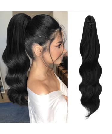 FESHFEN Ponytail Extensions 20 inch Long Wave Ponytail Claw Clip in Pony Tail Hair Extensions Off Black Wavy Ponytails Synthetic Hairpieces for Women Girls