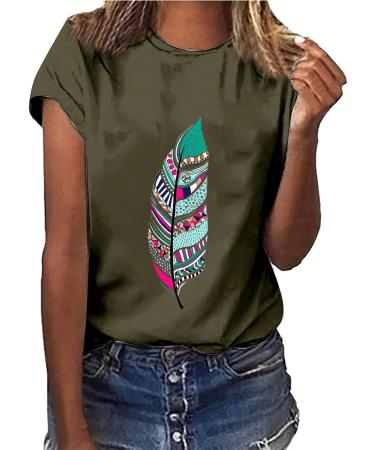 Cute Summer Feather Graphic Printed Tee Shirt - Army Green 3X-Large | Women's Casual Fashion Top - Buy Online on GoSupps.com