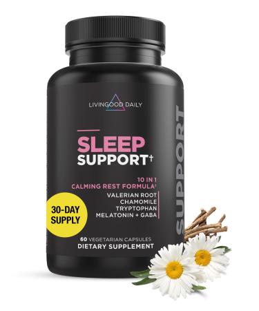 Livingood Daily Sleep Support Supplement 10-in-1 Natural Sleep Aid with 5 MG Melatonin Valerian Root Chamomile Tryptophan & GABA for Men & Women Non Habit Forming Gluten Free Vegan 60 Capsules