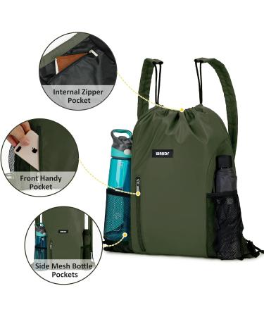 WANDF Drawstring Backpack with Shoulder Pad - Sports Gym Bag with Mesh Pocket for Men & Women - Dark Green - Buy Online on GoSupps.com