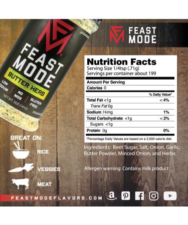 Feast Mode Flavors Butter Herb Seasoning - Low Sodium, No MSG, Gluten Free, All Natural - Healthy Meal Prep Seasoning with Onion, Butter Powder, and Parsley - Buy Online on GoSupps.com