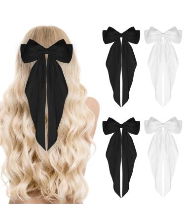 Sibba 4Pcs Satin Hair Barrette Big Bow Clips Soft Silky French Bowknot with Long Tail 90's Vintage Hairpin for Ponytail Bun Scrunchie Women Girls Dress Up Accessories Cute Gifts (Black White) 2Black 2White