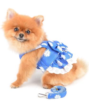 PAIDEFUL Dog Dress Harness and Leash Set Apparel Floral Bow Kitten Sundress fit Small Breed Dogs Cats Girls Soft Puppy Clothes Dark blue XS XS:Chest: 32cm/12.5" Back:20cm/8.0" blue with white flowers - Buy Online on GoSupps.com