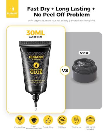 BURANO Rhinestone Glue for Nails 30G Super Strong Nail Charm Glue Nail Gem Glue Nail Art Glue for Nail Rhinestones Nail Jewel Diamonds Stones Cured Required (30G) clear - Buy Online on GoSupps.com