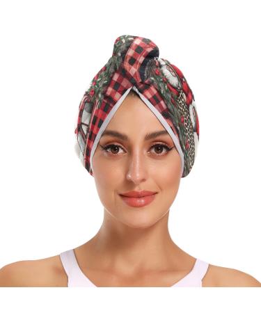 Christmas Dwarf Red Black Plaid Car Hair Towel 2 Pack Super Absorbent Hair Drying Towel Quick Dry Hair Turbans Head Towel with Button Twisty Wrap for Women Girls