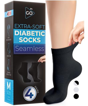DR. GO Ultra-Soft Neuropathy Socks for Men 100% Seamless Diabetic Socks with Non-Binding Top Enhance Blood Circulation Cushioned Protective Sole for Diabetic Foot 4 Pairs in Black Size 6-9