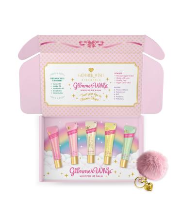 Glimmer Whip Whipped Lip Balm Dream Set 5-Flavor Organic Lip Butter Gift Set with Heart-Shaped Applicator Pink Poof Charm Dermatologist Tested Hydrating Organic Oils & Butters Cruelty-Free