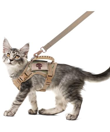 SALFSE Tactical Cat Harness and Leash Set for Walking Escape Proof, Adjustable Large Cat Vest Harness with Molle Patches, Soft Mesh Padding, Rubber Handle Easy to Control Large Beige