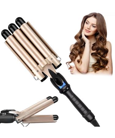 Bizcasa curling iron 3 barrels LCD display curler with adjustable temperature ceramic coating curling rods large waves quick heating wave iron for long/short hair (gold)