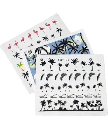 3pcs Summer Coconut Tree Beach Nail Decals - Black Feather & Leaves Art Stickers - Buy Online on GoSupps.com