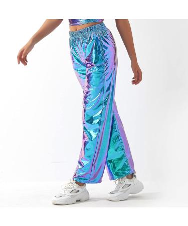 ODIZLI Womens Shiny Metallic High Waist Jogger Pants - Holographic Laser Blue Large - Buy Online on GoSupps.com