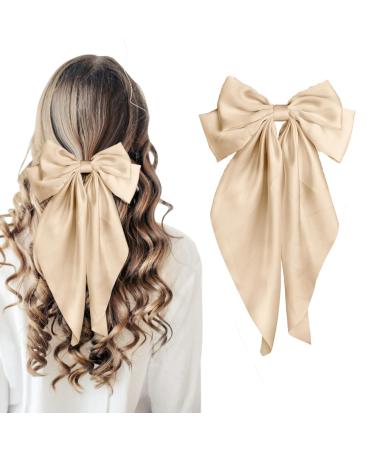 Khaki Hair Bow Khaki Bow Hair Clip for Women Solid Color Bow Hair Clips with Long Ribbon French Khaki Bow Hair Clip Soft Satin Silky Hair Bows Cute Gifts for Women Girls
