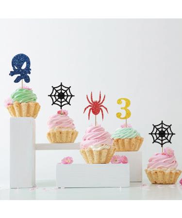 Spider Boy 3rd Birthday Cupcake Toppers Blue&Red Glitter Spider Three Cupcake Decor Happy 3rd Birthday Cake Decorations for Boy's Birthday Cartoon Themed Birthday Party Supplies - 24pcs - Buy Online on GoSupps.com