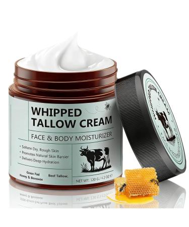 Beef Tallow Cream for Skin Face & Body Moisturizer with Grass-Fed Beef Tallow Honey & Beeswax Deep Hydration for Dry Rough Skin Supports Moisture Barrier Unscented Multi-Use 120 g / 4.2 oz