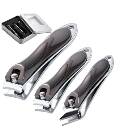 3Pcs Nail Clippers Heavy Duty Nail Clippers Toenail Clippers with Box Stainless Steel Ultra Sharp Nail Cutter for Thick Fingernail Toenail Men and Women Grey