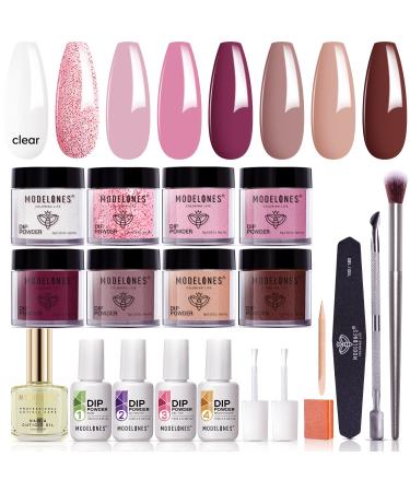 Modelones 20 Pcs Dip Powder Nail Kit Starter  8 Colors Nude Pink Brown Glitter Dipping Powder System Essential Kit with Dip Liquids and Cuticle Oil for French Nail Manicure Nail Art Set A4-Nude Pink - Buy Online on GoSupps.com