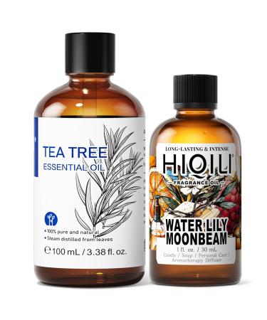 HIQILI 100ML Tea Tree Essential Oil & 30ML Water Lily Moonbeam Fragrance Oil for DIY Diffuser