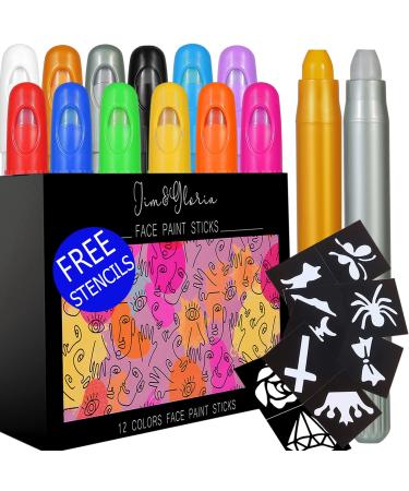 Jim&Gloria Face Paint Kit With Gold And Silver 12 Colors Large Washable Face & Body Painting Crayons with Stencils Kids Toddlers and Adults Gifts Crafts For Christmas Stocking Stuffers Safe For Sensitive Skin