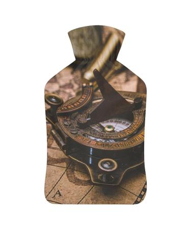 Retro Compass Hot Water Bottle With Cover Plush Bed Bottle Hand Warmer For Adults And Children 26.5X15.3cm