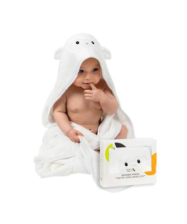 JM Organic Bamboo Hooded Baby Towel for Kids & Babies - 35"x35" Hypoallergenic Absorbent - Perfect Baby Gift Newborn Essentials with Washcloth & Laundry Bag - Lamb