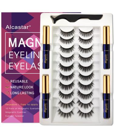 Alcastar+ Magnetic Eyelashes with Eyeliner Kit - magnetic lashes and eyeliner - updated 3D natural looking long-lasting 10 pairs KIT 011 ATZ1004A1+01 0 Kit-A13: 10 paris+4 tubes