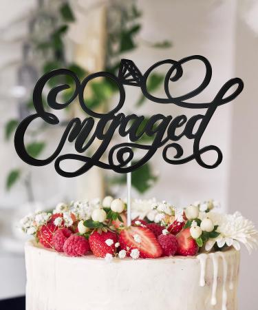 WedDecor Engaged Black Cake Topper Acrylic Mirror Engagement Cake Picks For Bridal Shower Wedding Bachelorette Cupcake Decoration Theme Party Supplies Engaged - Ring Black