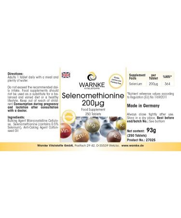 Selenium Tablets 200mcg - Selenomethionine Vegan - 250 Tablets | Warnke Vitalstoffe - Premium German Pharmacy Quality - Buy Online on GoSupps.com
