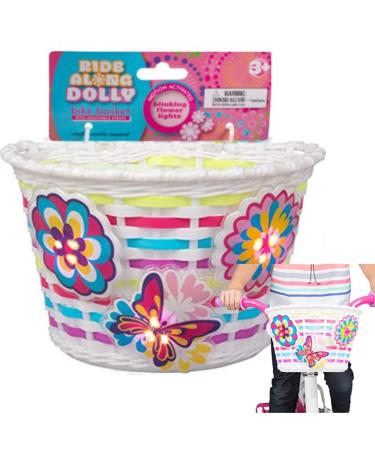 Ride Along Dolly Bike Basket for Girls w Safety Lightups -Kid's Bicycle Accessories with 3 Motion Activated Blinking Flowers & Butterfly Decor-(Fits Most Bikes) For Snacks, Dolls, Bears, Birthday Gift