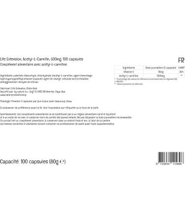 Life Extension Acetyl-L-Carnitine 500mg with High Dose Vitamin C - 100 Vegan Capsules | Laboratory Tested, Gluten-Free, Vegetarian, Non-GMO - Buy Online on GoSupps.com