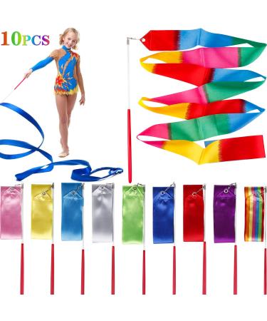 Tinabless Dance Ribbons Streamers(10 Pieces), 6.6Ft Unisex Kids' Gymnastics Ribbon Wands, Rhythmic Gymnastics Ribbon Baton Twirling Wands on Sticks for Kids Artistic Dancing