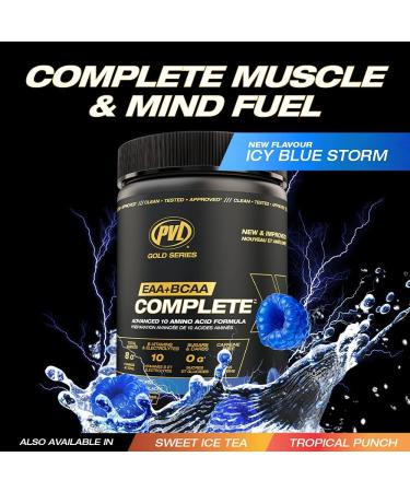 PVL EAA BCAA COMPLETE | Pre Intra or Post Workout EAA/BCAA with L-Arginine Amino Acid Supplement Keto Friendly 369 g (30 servings) (Icy Blue Storm) - Buy Online on GoSupps.com