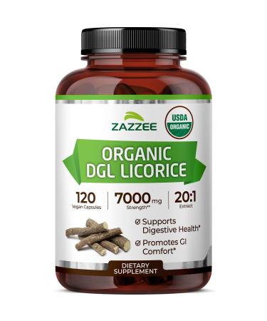Zazzee USDA Organic DGL Licorice 7000 mg Strength 20:1 Extract 120 Vegan Capsules 4 Month Supply Deglycyrrhizinated 20X Extract Digestive Support All-Natural and Non-GMO Made in The USA