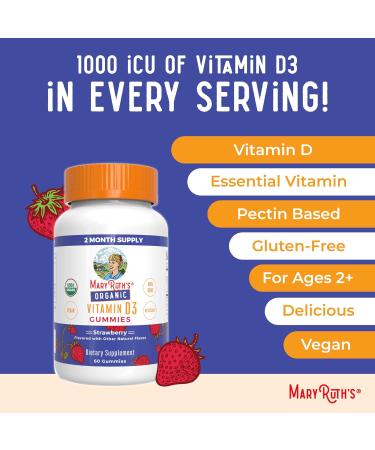 MaryRuth's Organic Vitamin D3 Gummies | 1000 IU | USDA Organic | Immune Support| Bone Health | Muscle Function | for Adults & Kids Ages 2+ | Vegan | Gluten Free | 2 Month Supply | 60 Count - Buy Online on GoSupps.com