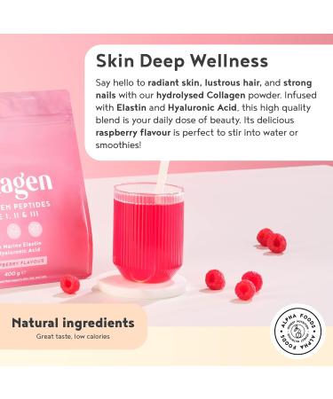 Premium Raspberry Flavour Collagen Powder with Hyaluronic Acid 400g | Bovine Collagen Type I II III Supplement for Women | Hydrolyzed Peptides with 8 Amino Acids | Alpha Foods 26 Servings - Buy Online on GoSupps.com